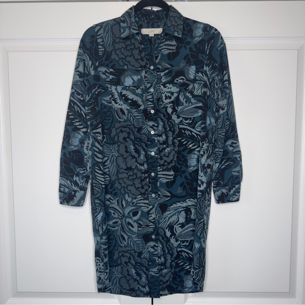 LOFT Petites XS Blue Floral Button Front Shirt Dress Tunic Long Sleeve‎